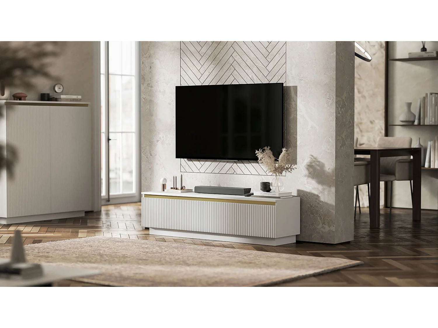 Meuble TV avec 2 portes - Corps Blanc mat, façades rainurées Blanc mat - 140 cm, sur socle