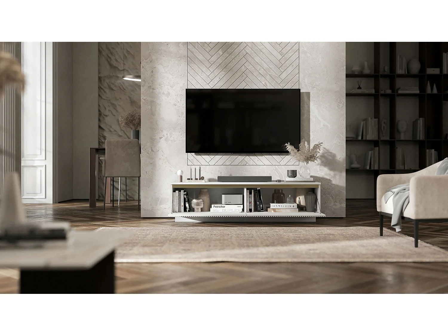 Meuble TV avec 2 portes - Corps Blanc mat, façades rainurées Blanc mat - 140 cm, sur socle