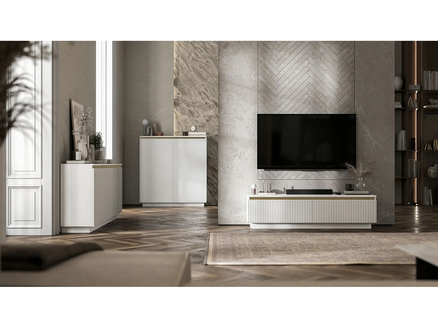 Meuble TV avec 2 portes - Corps Blanc mat, façades rainurées Blanc mat - 140 cm, sur socle