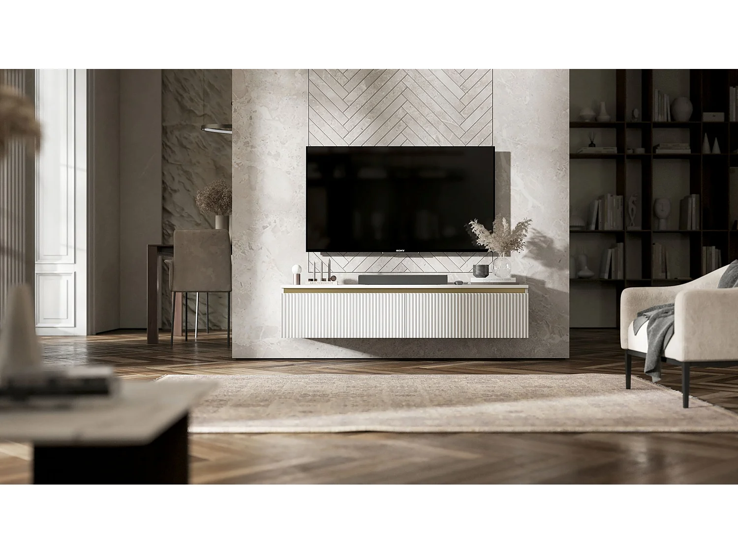 Meuble TV avec 2 portes - Corps Blanc mat, façades rainurées Blanc mat - 140 cm, sur socle