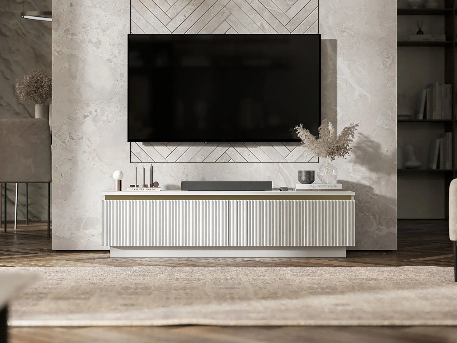 Meuble TV avec 2 portes - Corps Blanc mat, façades rainurées Blanc mat - 140 cm, sur socle