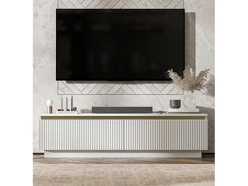Meuble TV avec 2 portes - Corps Blanc mat, façades rainurées Blanc mat - 140 cm, sur socle