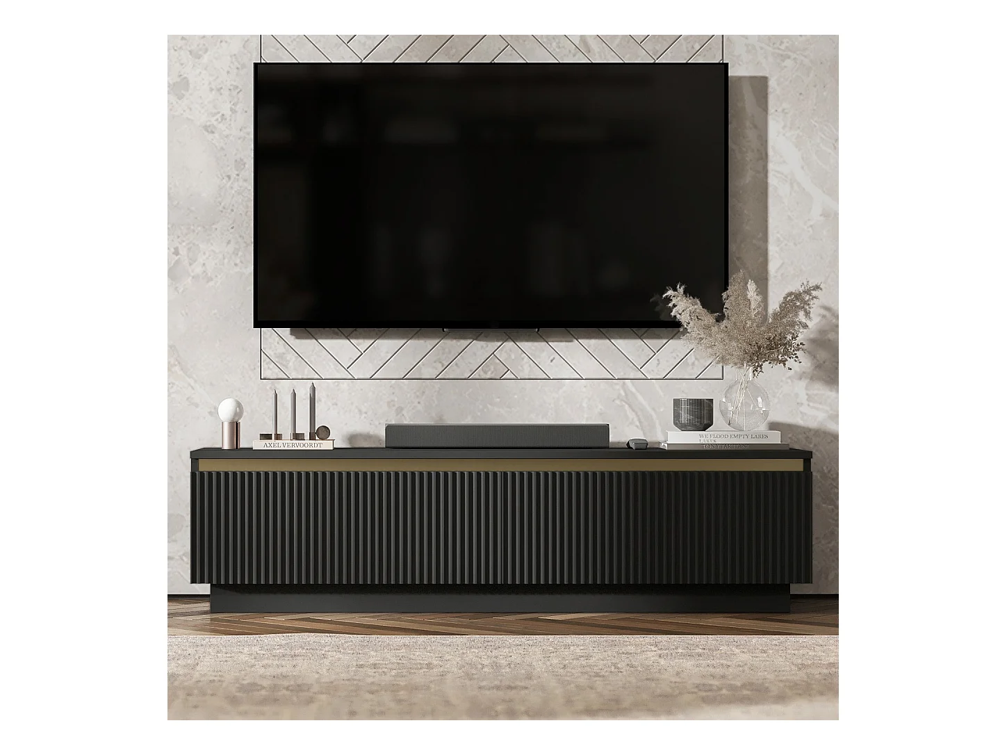 Meuble TV avec 2 portes - Corps Noir mat, façades rainurées Noir mat - 140 cm, sur socle