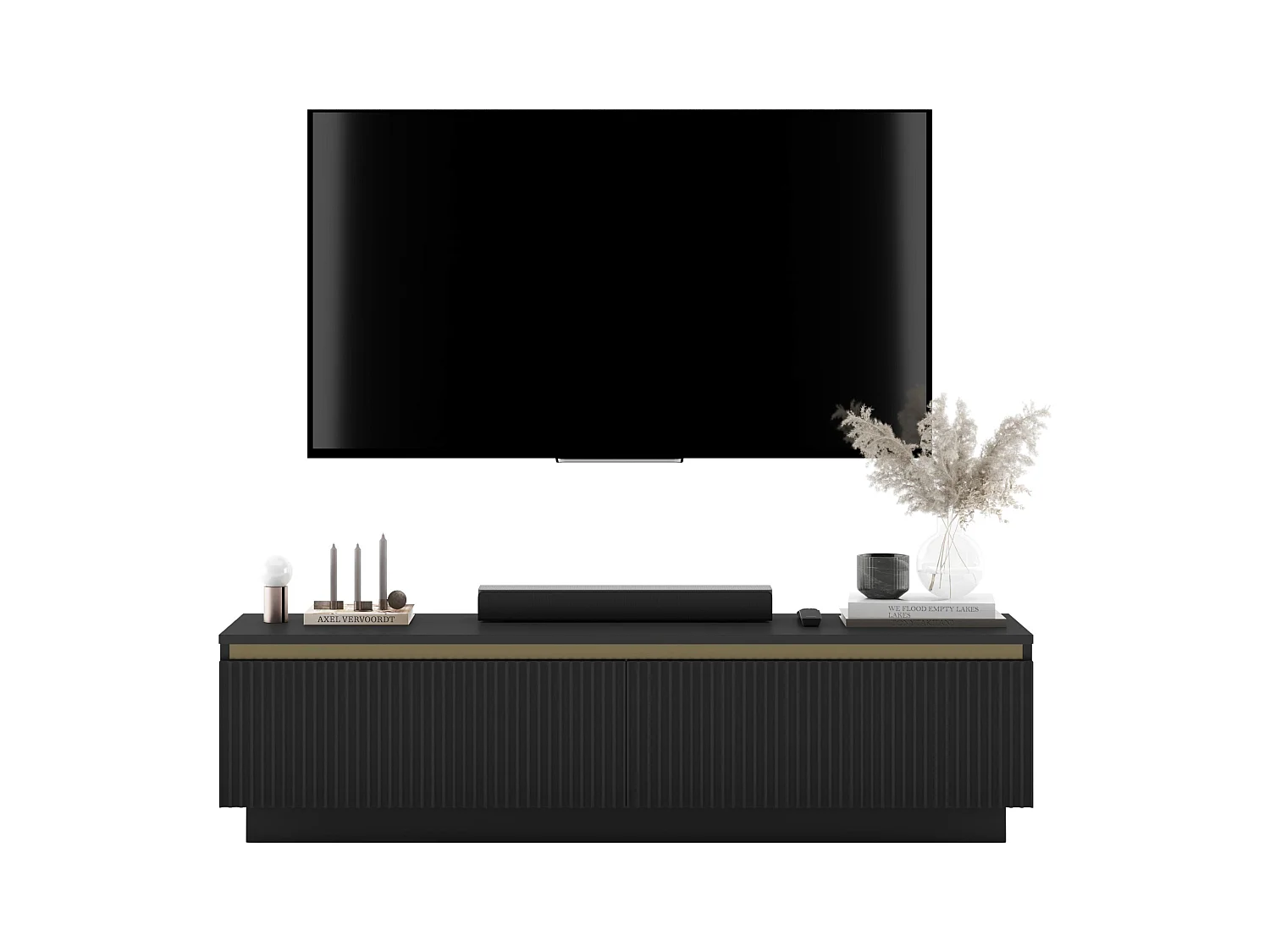 Meuble TV avec 2 portes - Corps Noir mat, façades rainurées Noir mat - 140 cm, sur socle