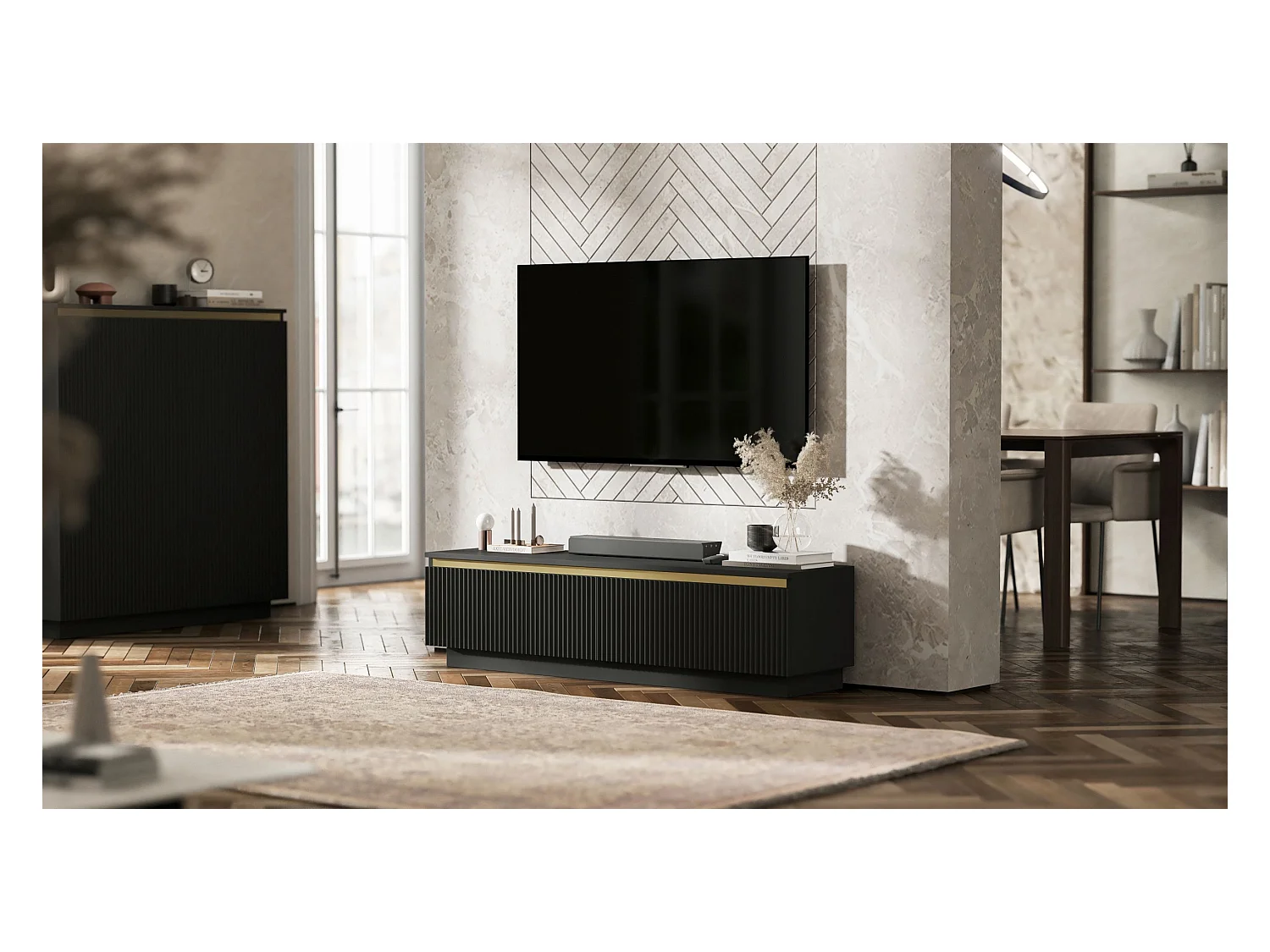 Meuble TV avec 2 portes - Corps Noir mat, façades rainurées Noir mat - 140 cm, sur socle
