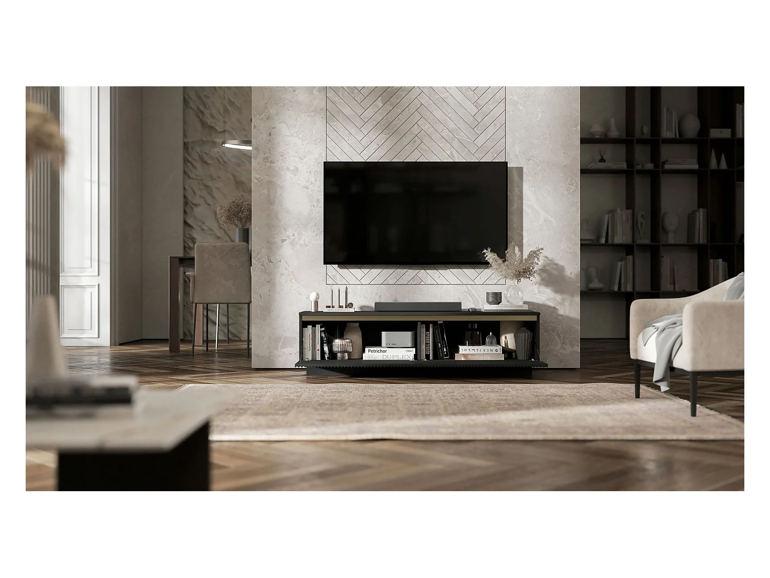 Meuble TV avec 2 portes - Corps Noir mat, façades rainurées Noir mat - 140 cm, sur socle