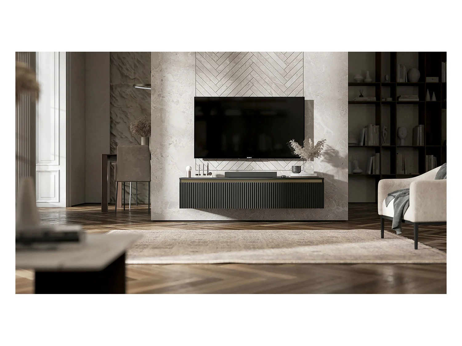 Meuble TV avec 2 portes - Corps Noir mat, façades rainurées Noir mat - 140 cm, sur socle