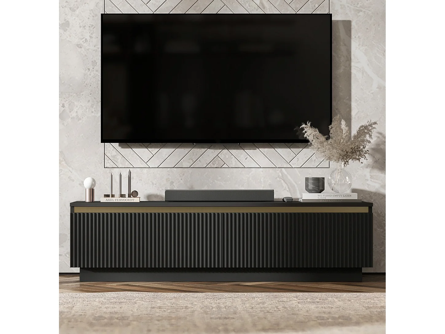 Meuble TV avec 2 portes - Corps Noir mat, façades rainurées Noir mat - 140 cm, sur socle