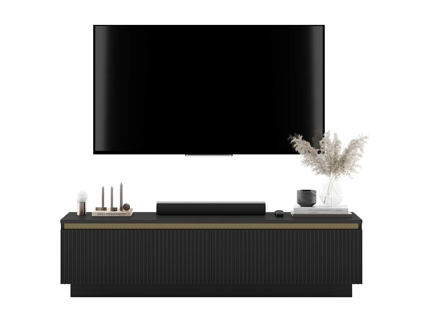 Meuble TV avec 2 portes - Corps Noir mat, façades rainurées Noir mat - 140 cm, sur socle