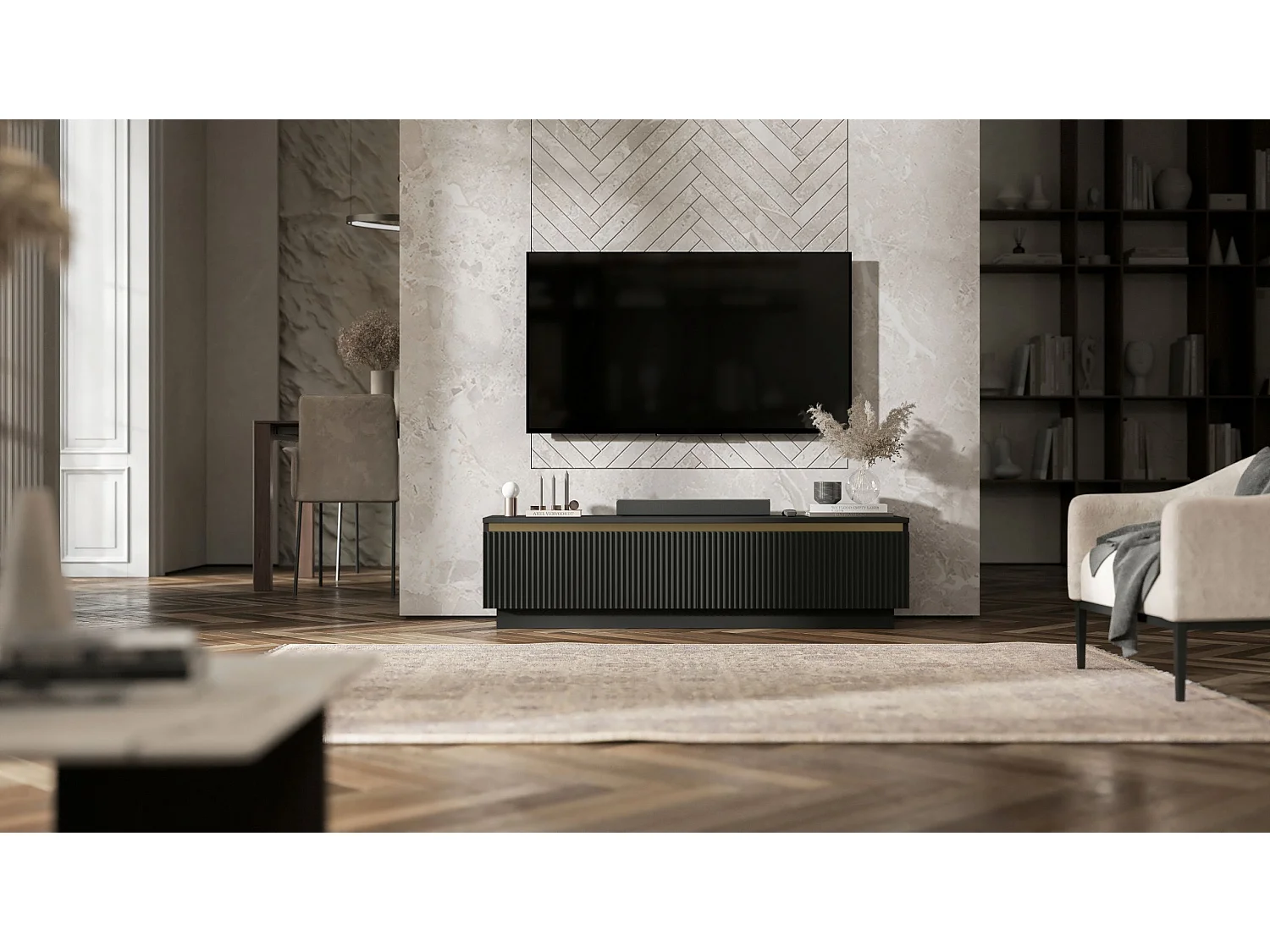 Meuble TV avec 2 portes - Corps Noir mat, façades rainurées Noir mat - 140 cm, sur socle