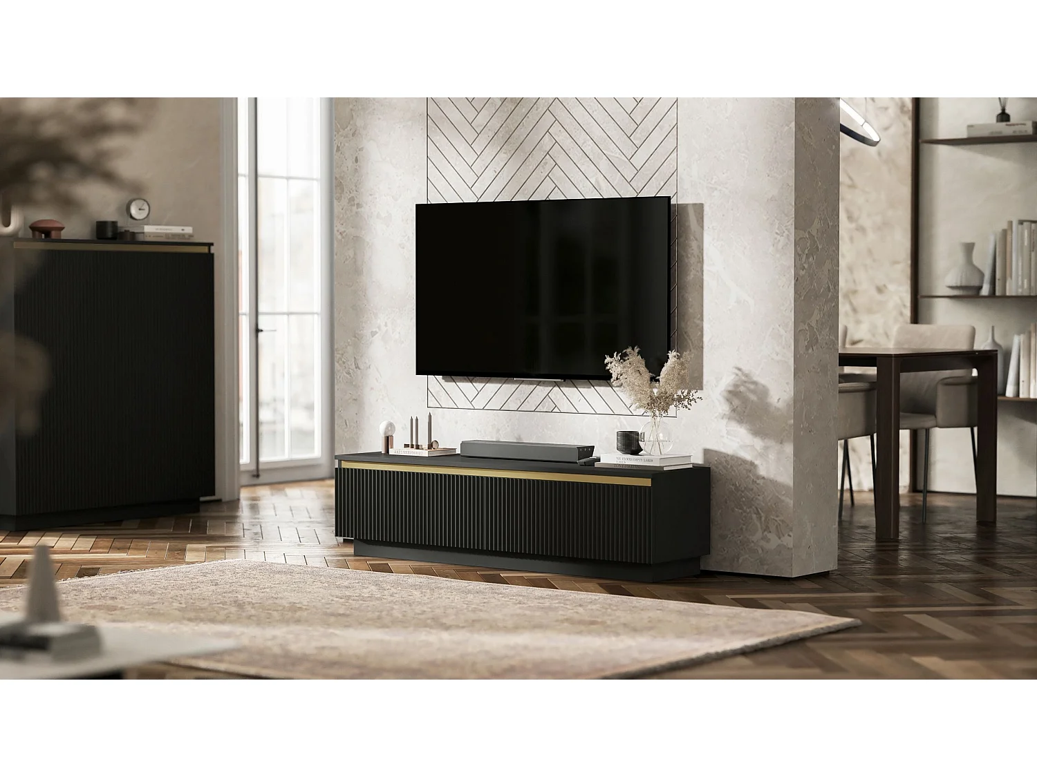 Meuble TV avec 2 portes - Corps Noir mat, façades rainurées Noir mat - 140 cm, sur socle