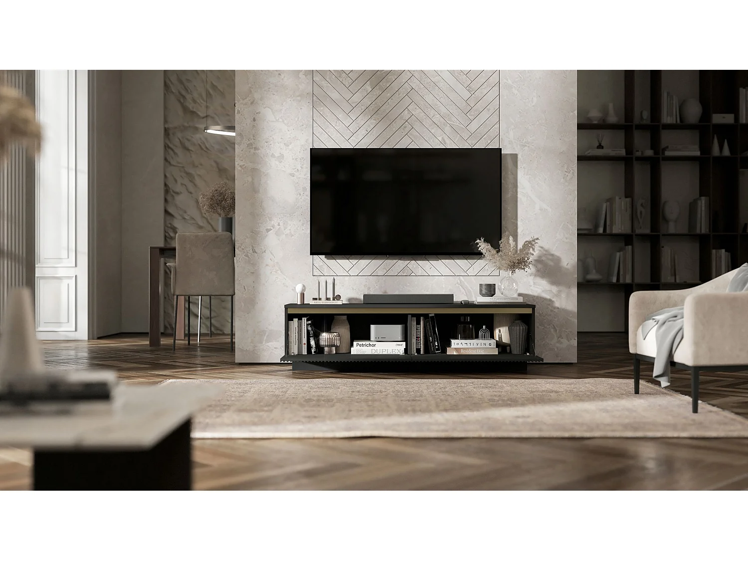 Meuble TV avec 2 portes - Corps Noir mat, façades rainurées Noir mat - 140 cm, sur socle