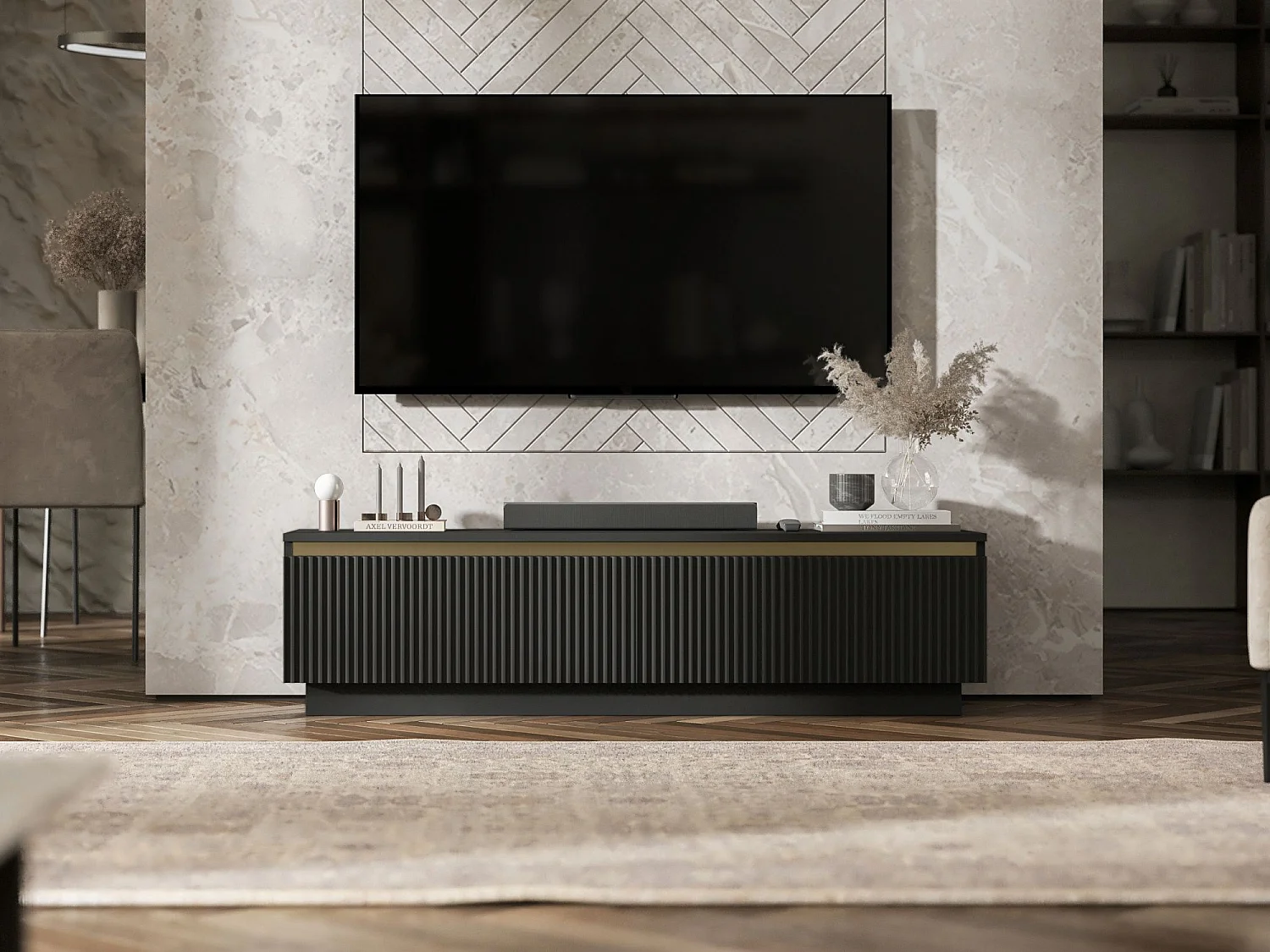 Meuble TV avec 2 portes - Corps Noir mat, façades rainurées Noir mat - 140 cm, sur socle