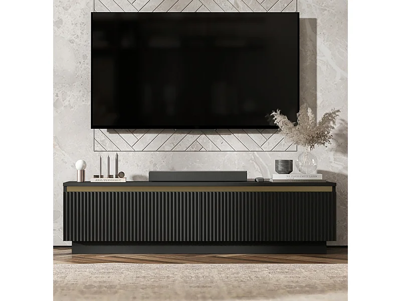Meuble TV avec 2 portes - Corps Noir mat, façades rainurées Noir mat - 140 cm, sur socle