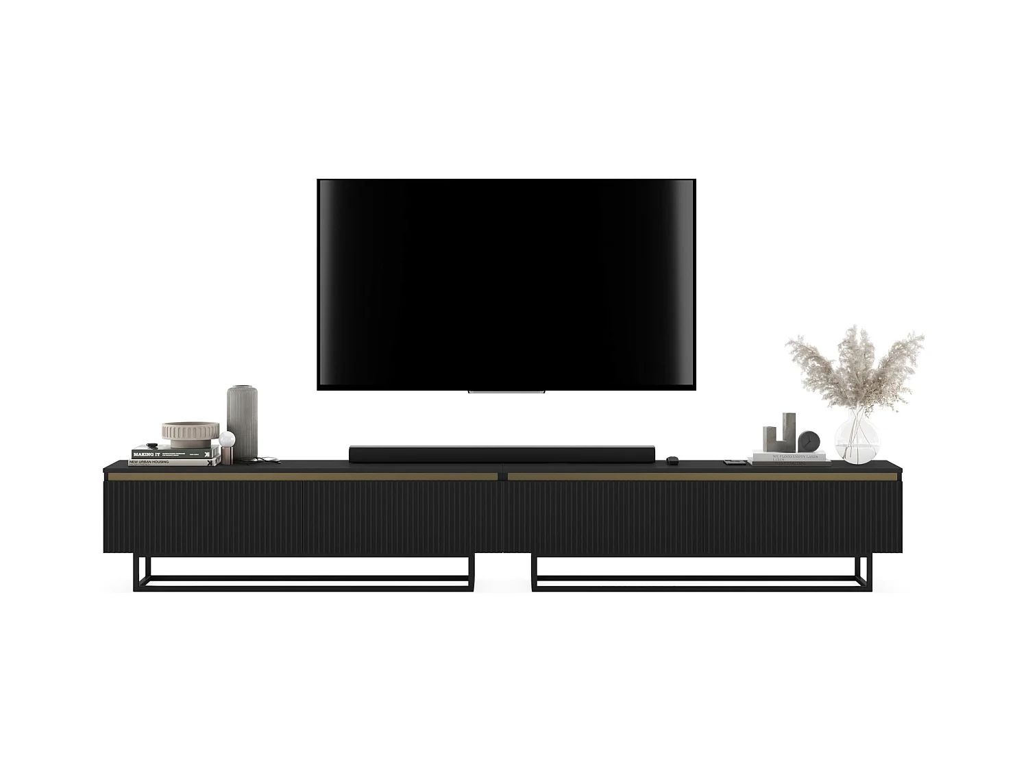 Meuble TV avec 4 portes - Corps Noir mat, façades rainurées Noir mat - 280 cm, Cadre en métal noir