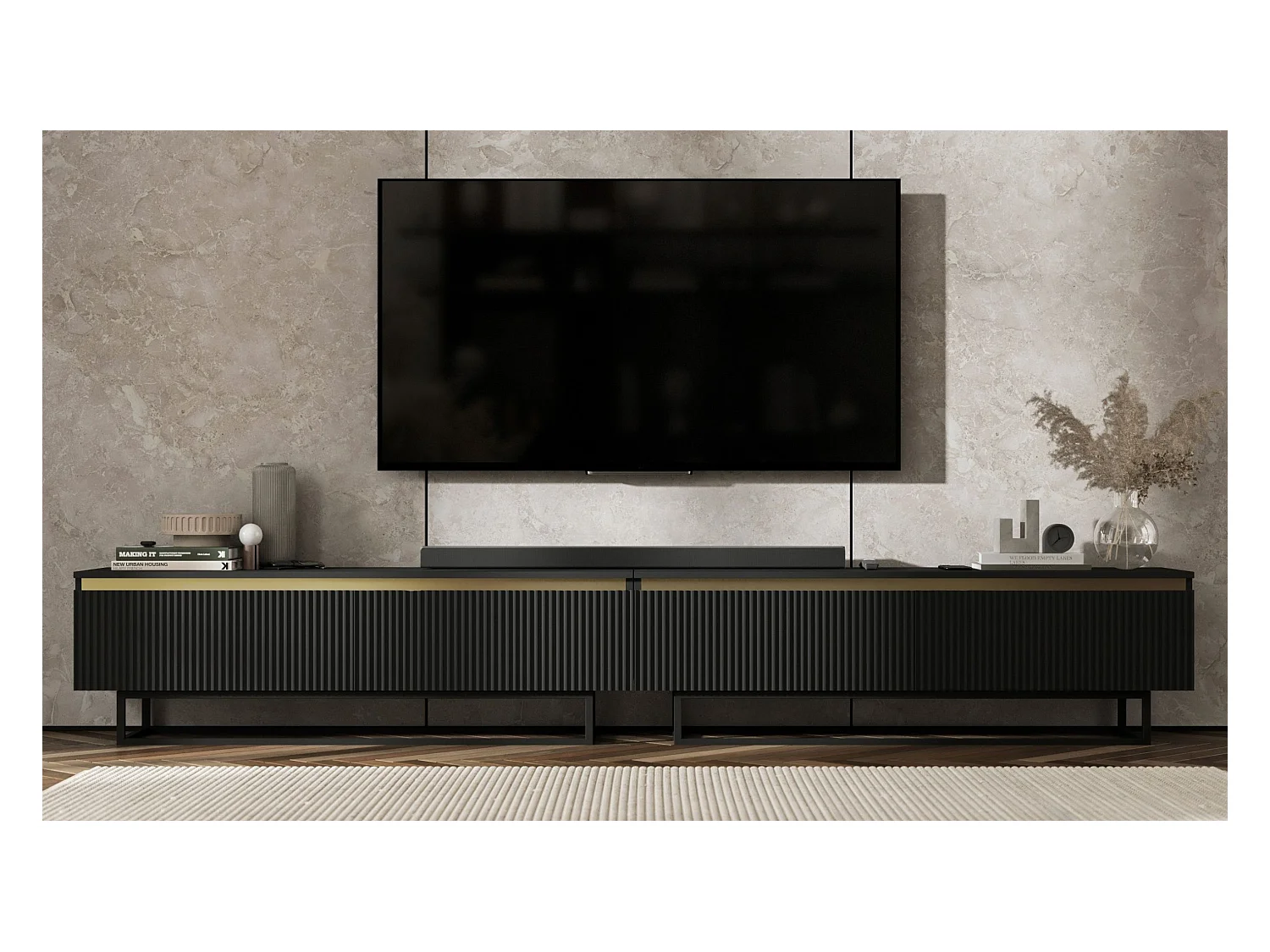 Meuble TV avec 4 portes - Corps Noir mat, façades rainurées Noir mat - 280 cm, Cadre en métal noir