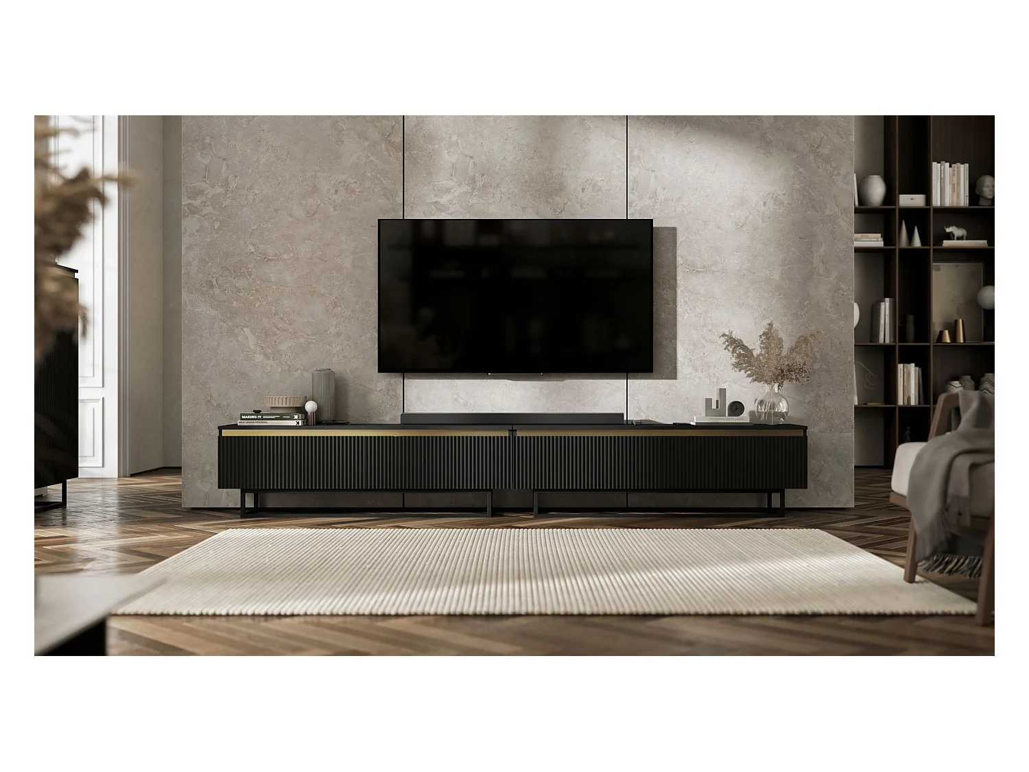 Meuble TV avec 4 portes - Corps Noir mat, façades rainurées Noir mat - 280 cm, Cadre en métal noir