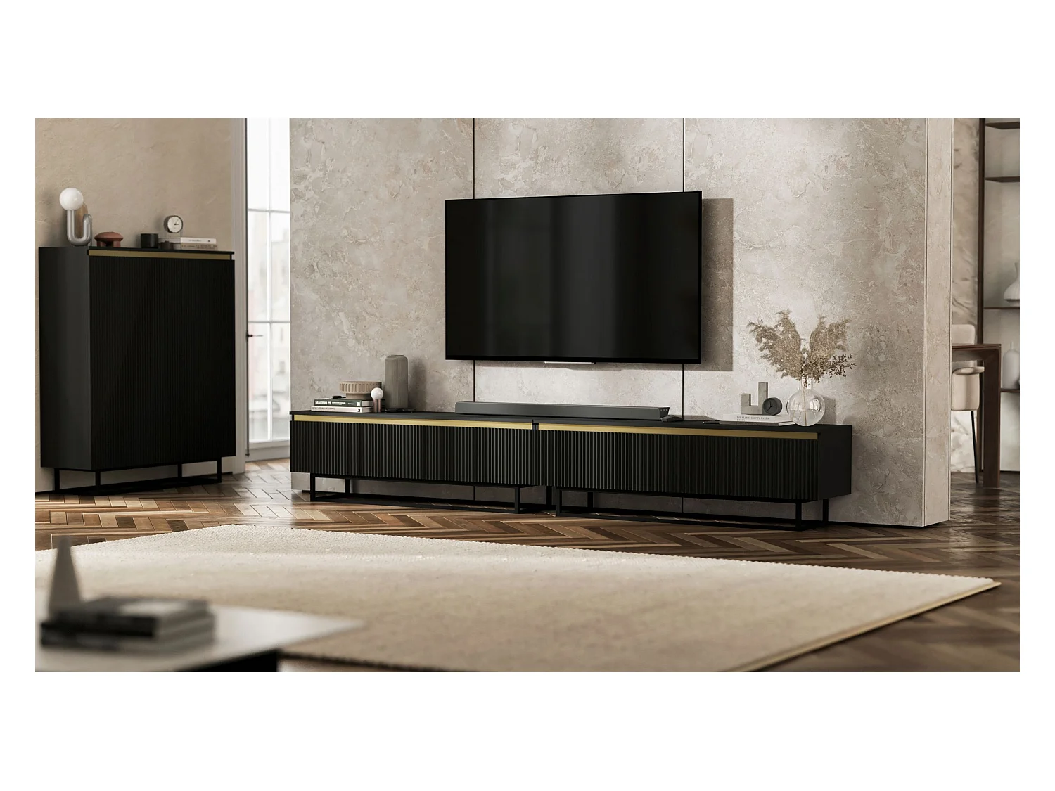 Meuble TV avec 4 portes - Corps Noir mat, façades rainurées Noir mat - 280 cm, Cadre en métal noir