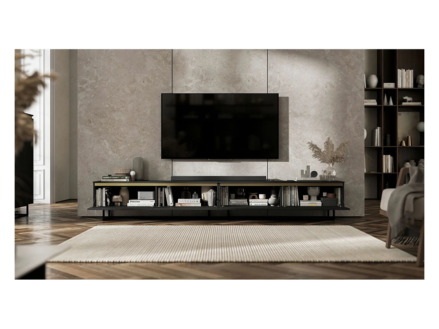 Meuble TV avec 4 portes - Corps Noir mat, façades rainurées Noir mat - 280 cm, Cadre en métal noir