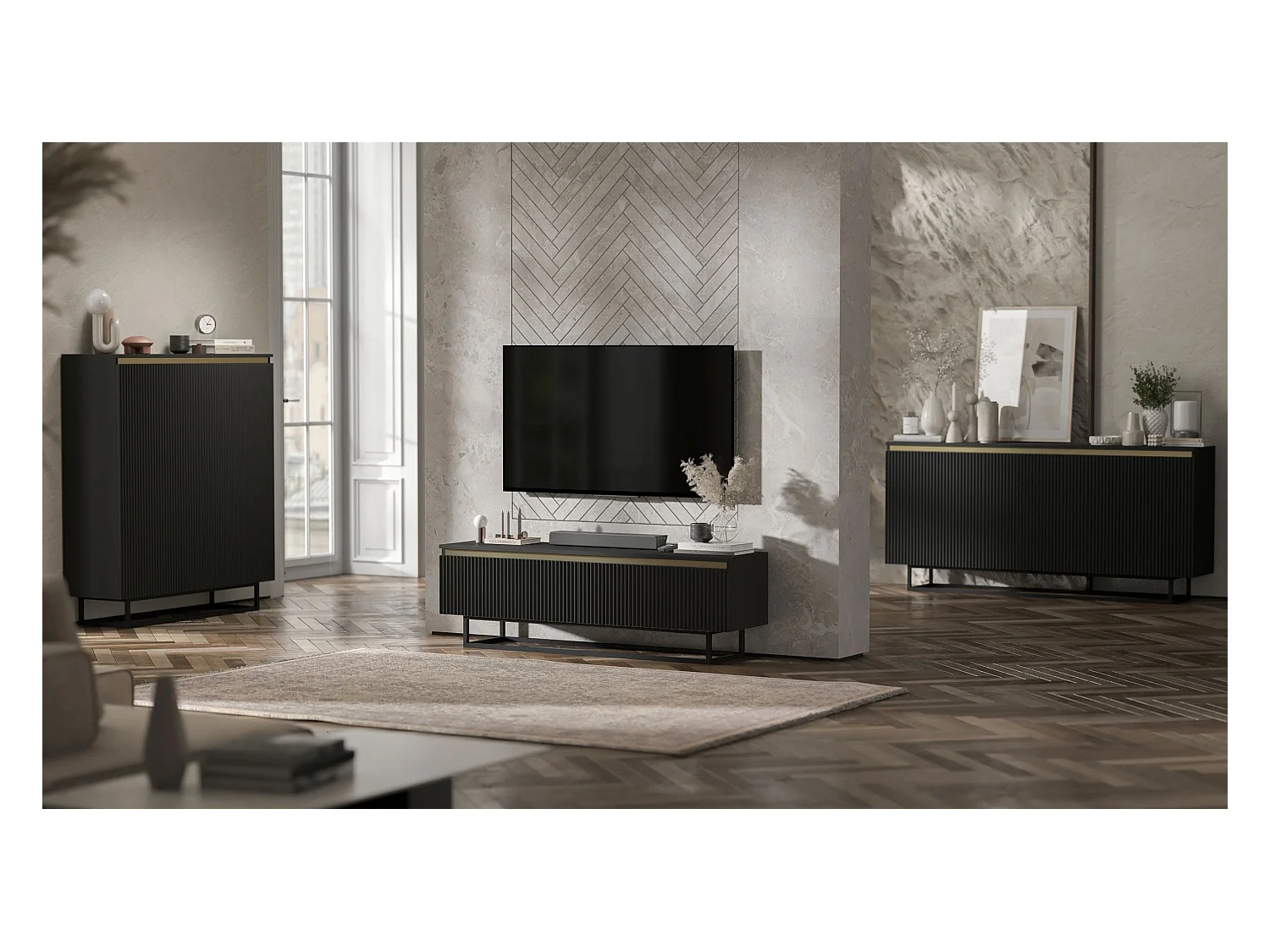 Meuble TV avec 4 portes - Corps Noir mat, façades rainurées Noir mat - 280 cm, Cadre en métal noir