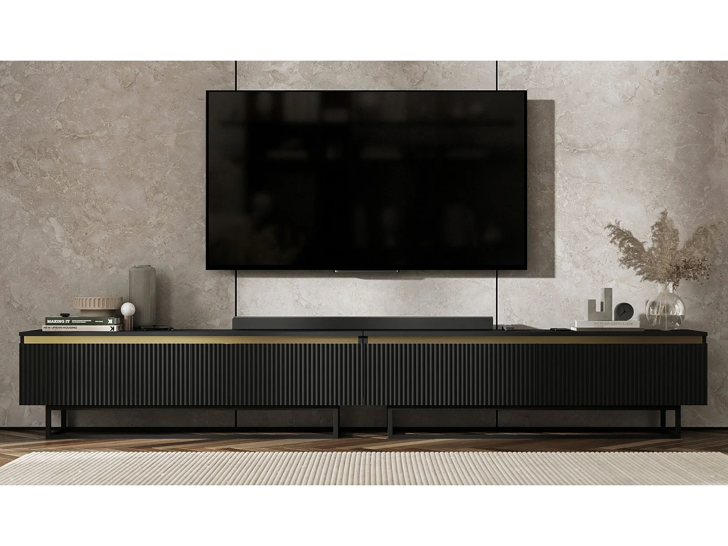 Meuble TV avec 4 portes - Corps Noir mat, façades rainurées Noir mat - 240 cm, Cadre en métal noir