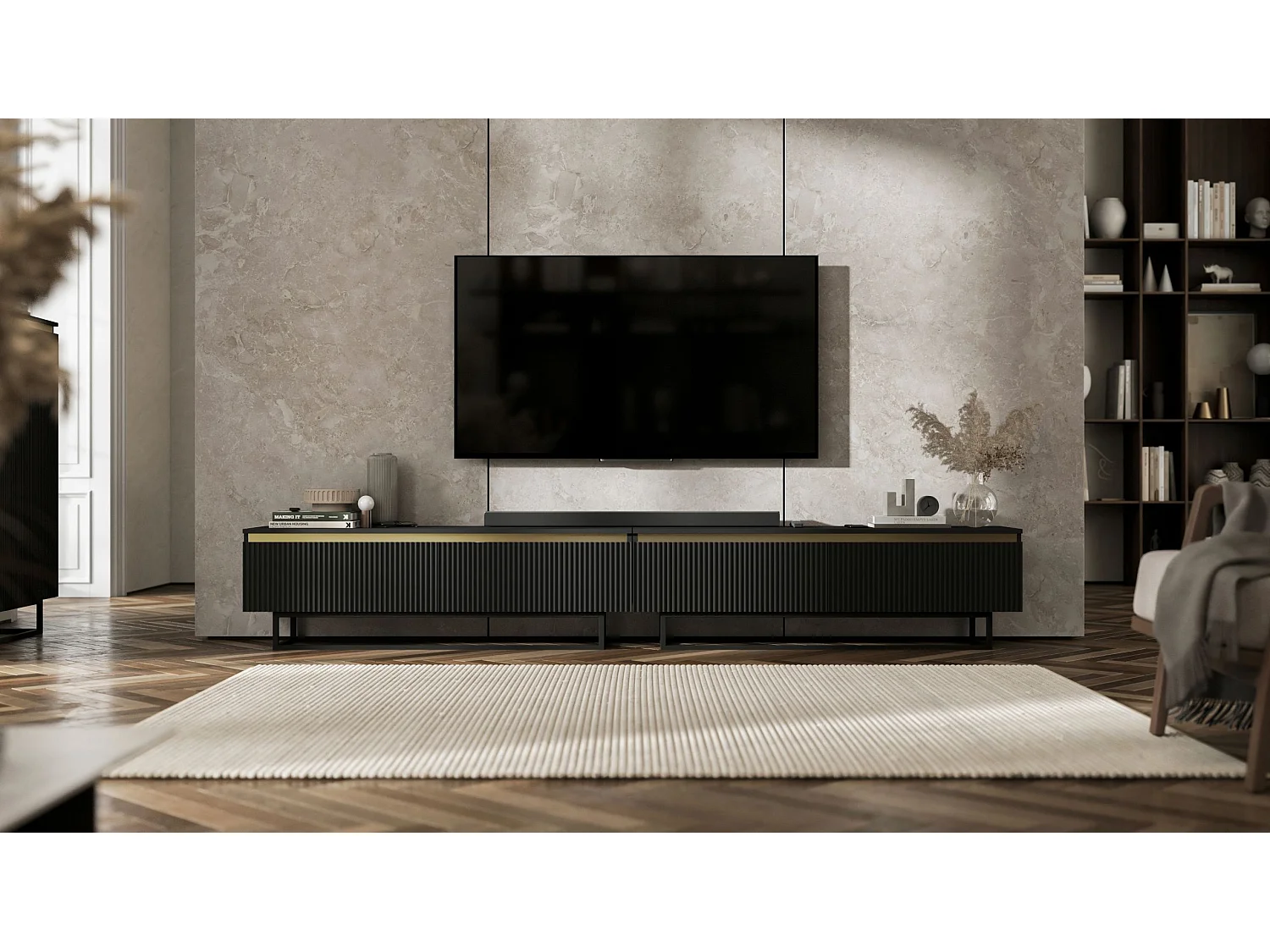 Meuble TV avec 4 portes - Corps Noir mat, façades rainurées Noir mat - 240 cm, Cadre en métal noir