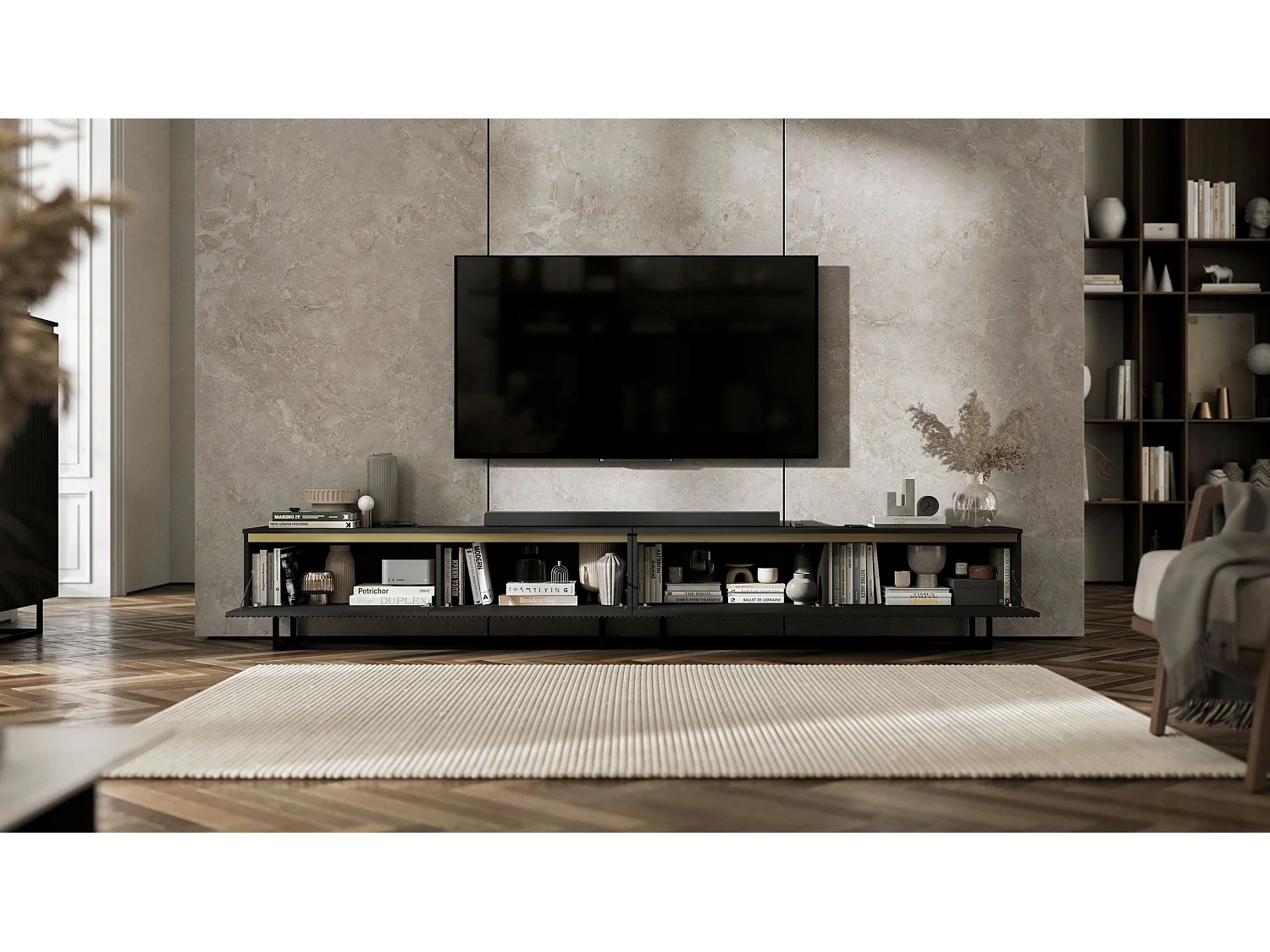 Meuble TV avec 4 portes - Corps Noir mat, façades rainurées Noir mat - 240 cm, Cadre en métal noir