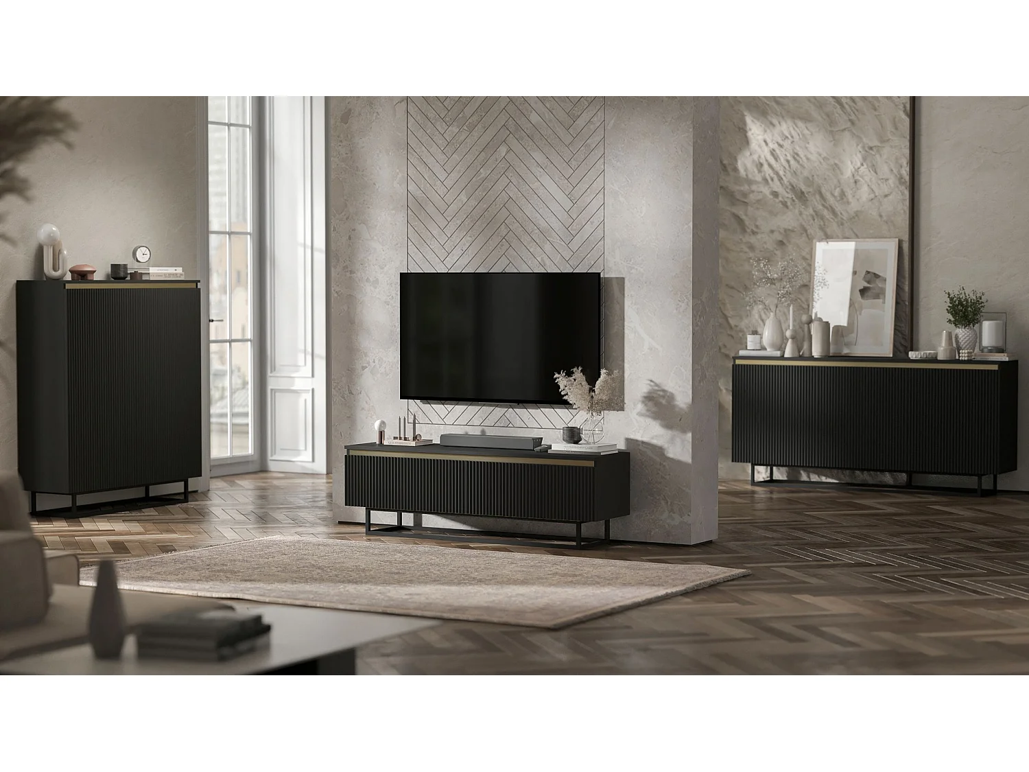 Meuble TV avec 4 portes - Corps Noir mat, façades rainurées Noir mat - 240 cm, Cadre en métal noir