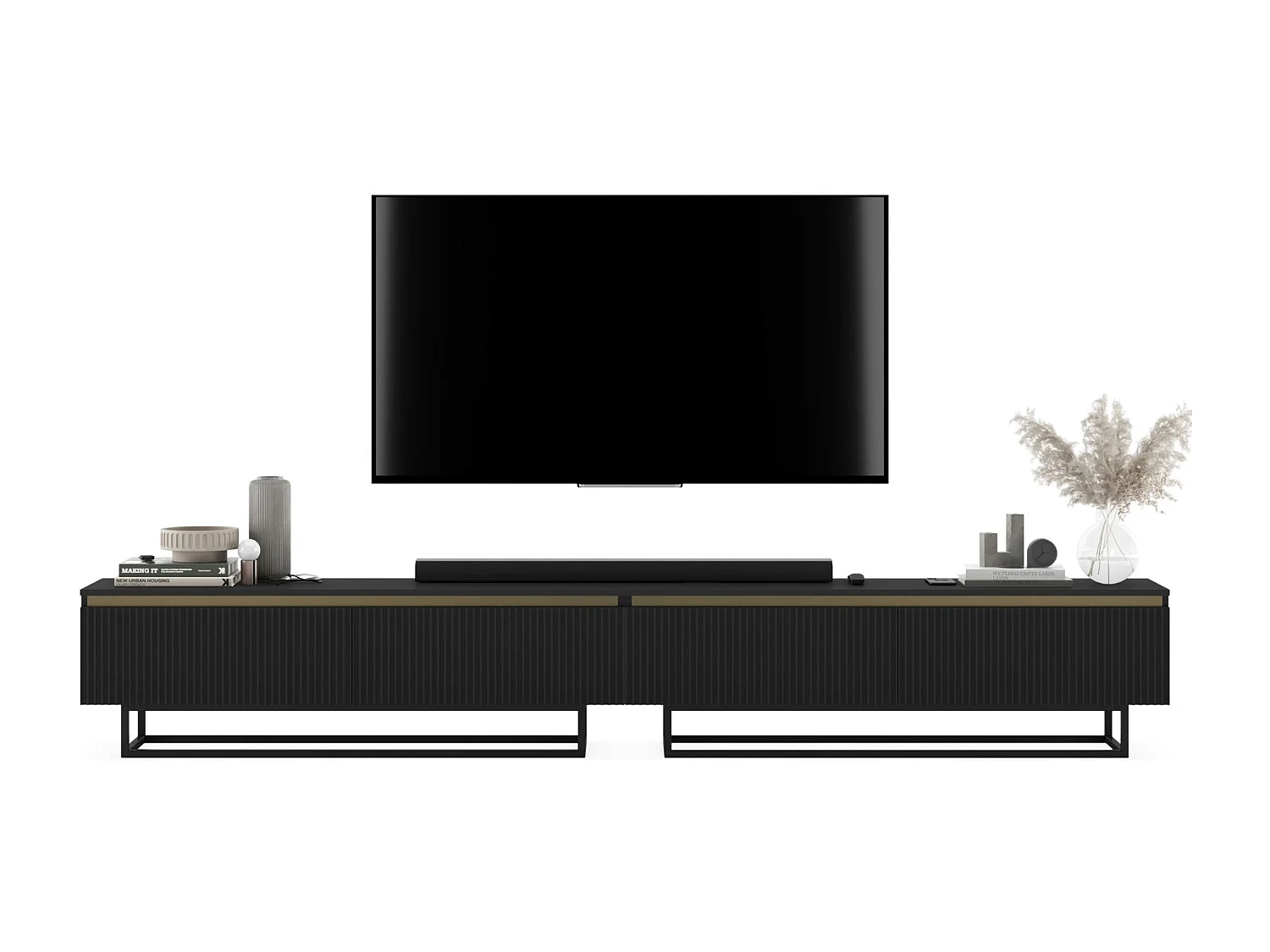 Meuble TV avec 4 portes - Corps Noir mat, façades rainurées Noir mat - 280 cm, Cadre en métal noir