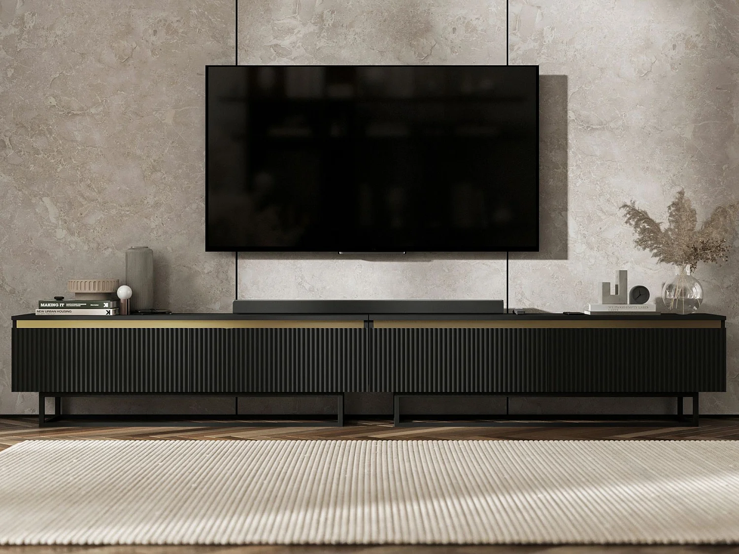 Meuble TV avec 4 portes - Corps Noir mat, façades rainurées Noir mat - 280 cm, Cadre en métal noir