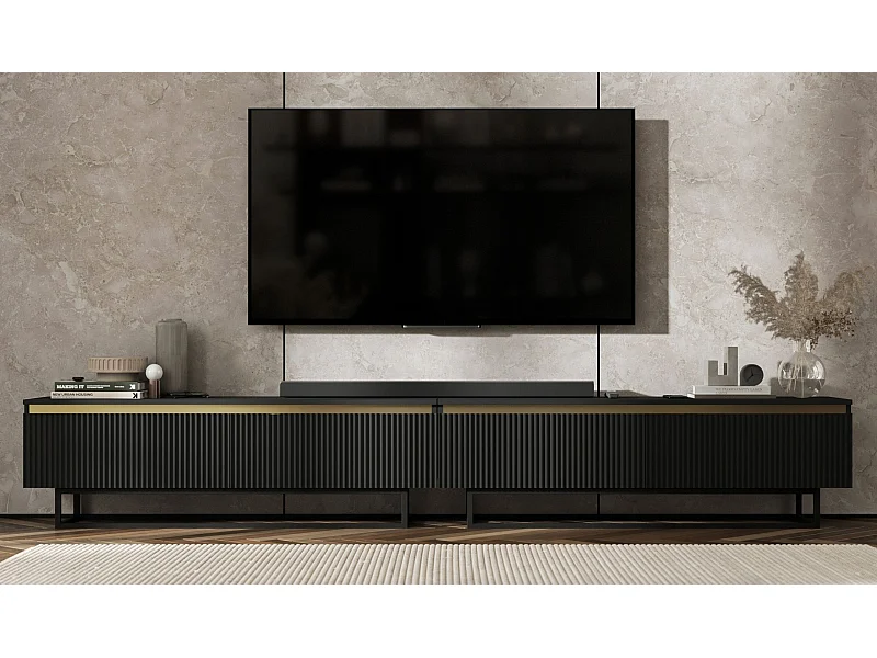 Meuble TV avec 4 portes - Corps Noir mat, façades rainurées Noir mat - 280 cm, Cadre en métal noir