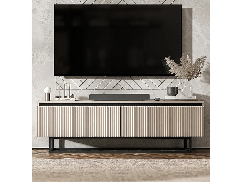 Meuble TV avec 2 portes - Corps Cachemire mat, façades rainurées Cachemire mat - 140 cm, Cadre en métal noir