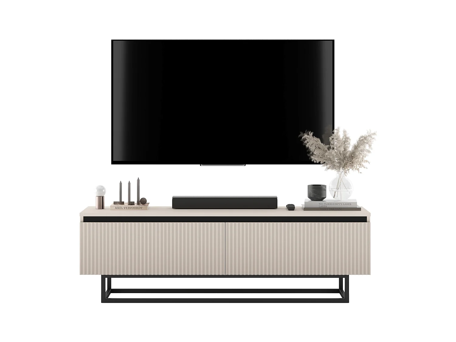 Meuble TV avec 2 portes - Corps Cachemire mat, façades rainurées Cachemire mat - 140 cm, Cadre en métal noir