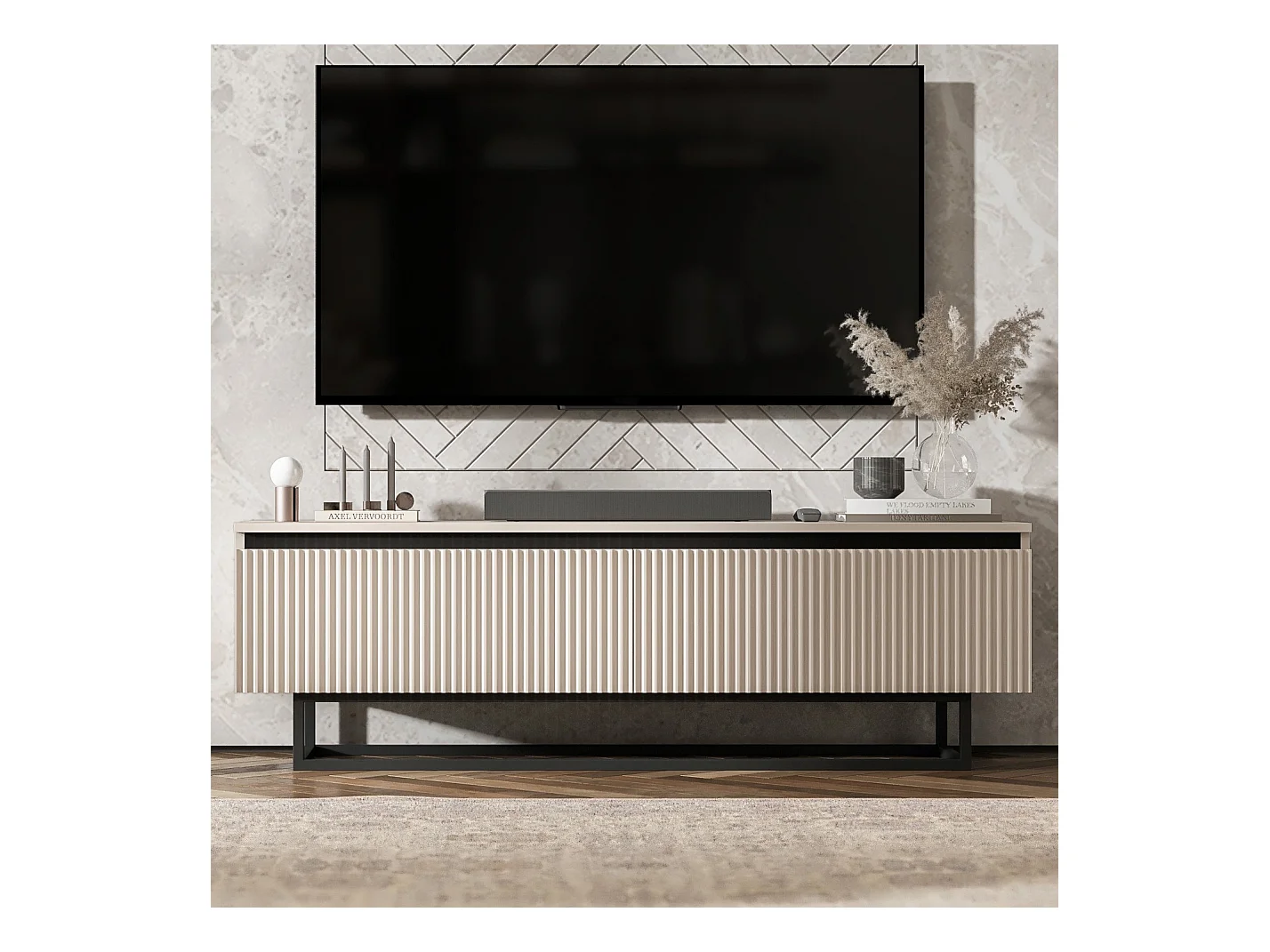 Meuble TV avec 2 portes - Corps Cachemire mat, façades rainurées Cachemire mat - 140 cm, Cadre en métal noir