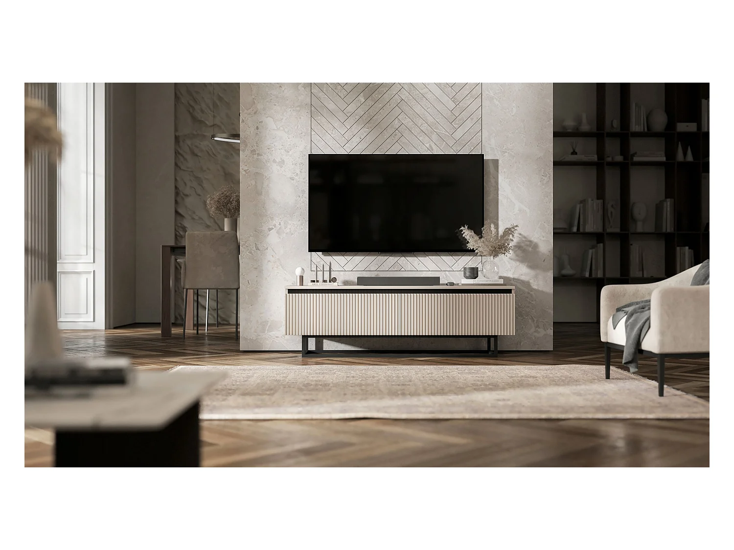 Meuble TV avec 2 portes - Corps Cachemire mat, façades rainurées Cachemire mat - 140 cm, Cadre en métal noir