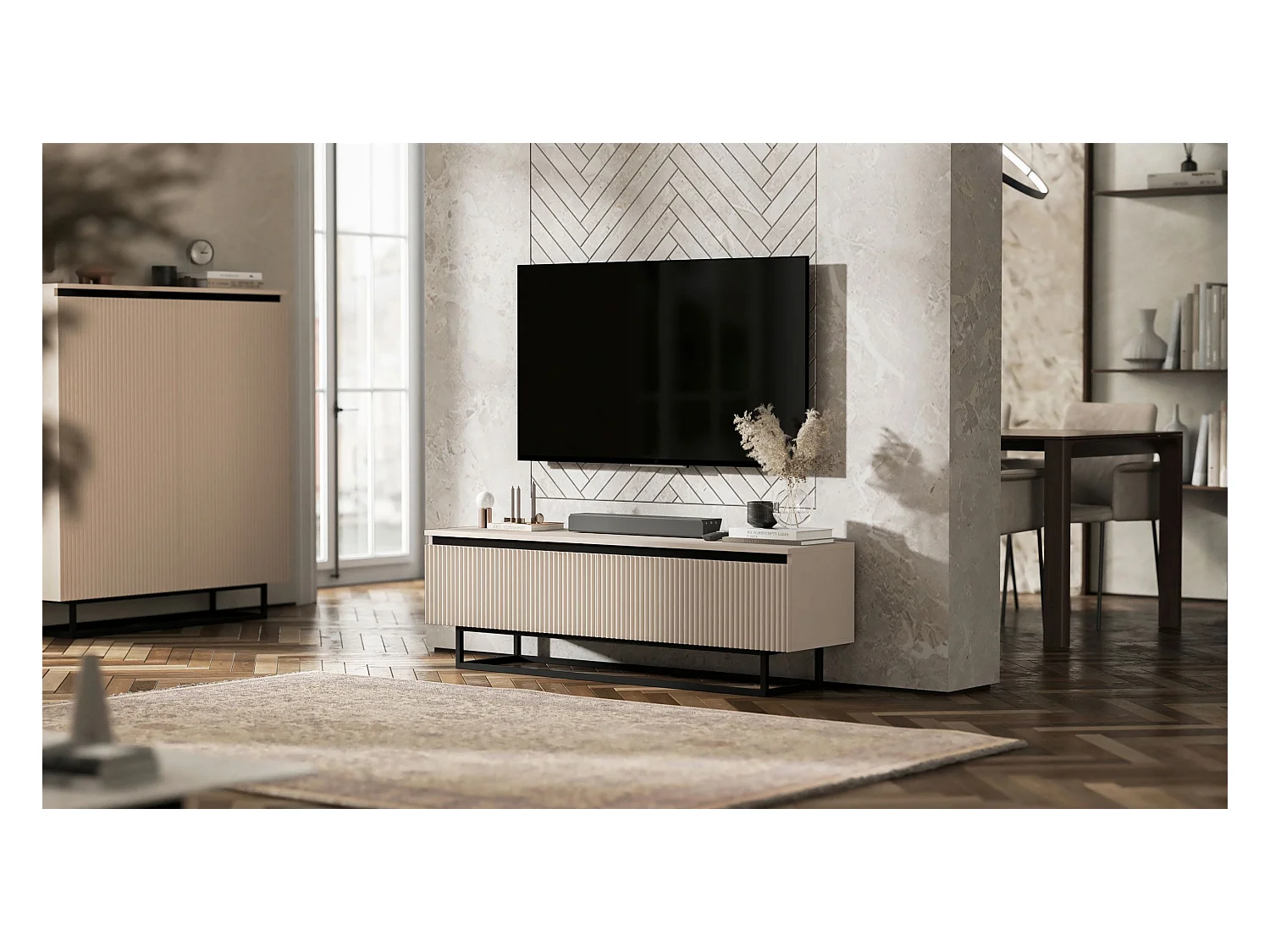 Meuble TV avec 2 portes - Corps Cachemire mat, façades rainurées Cachemire mat - 140 cm, Cadre en métal noir