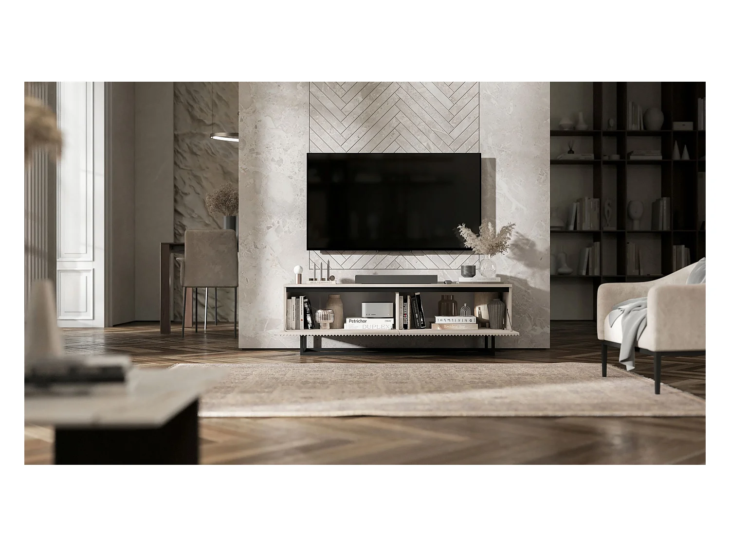 Meuble TV avec 2 portes - Corps Cachemire mat, façades rainurées Cachemire mat - 140 cm, Cadre en métal noir