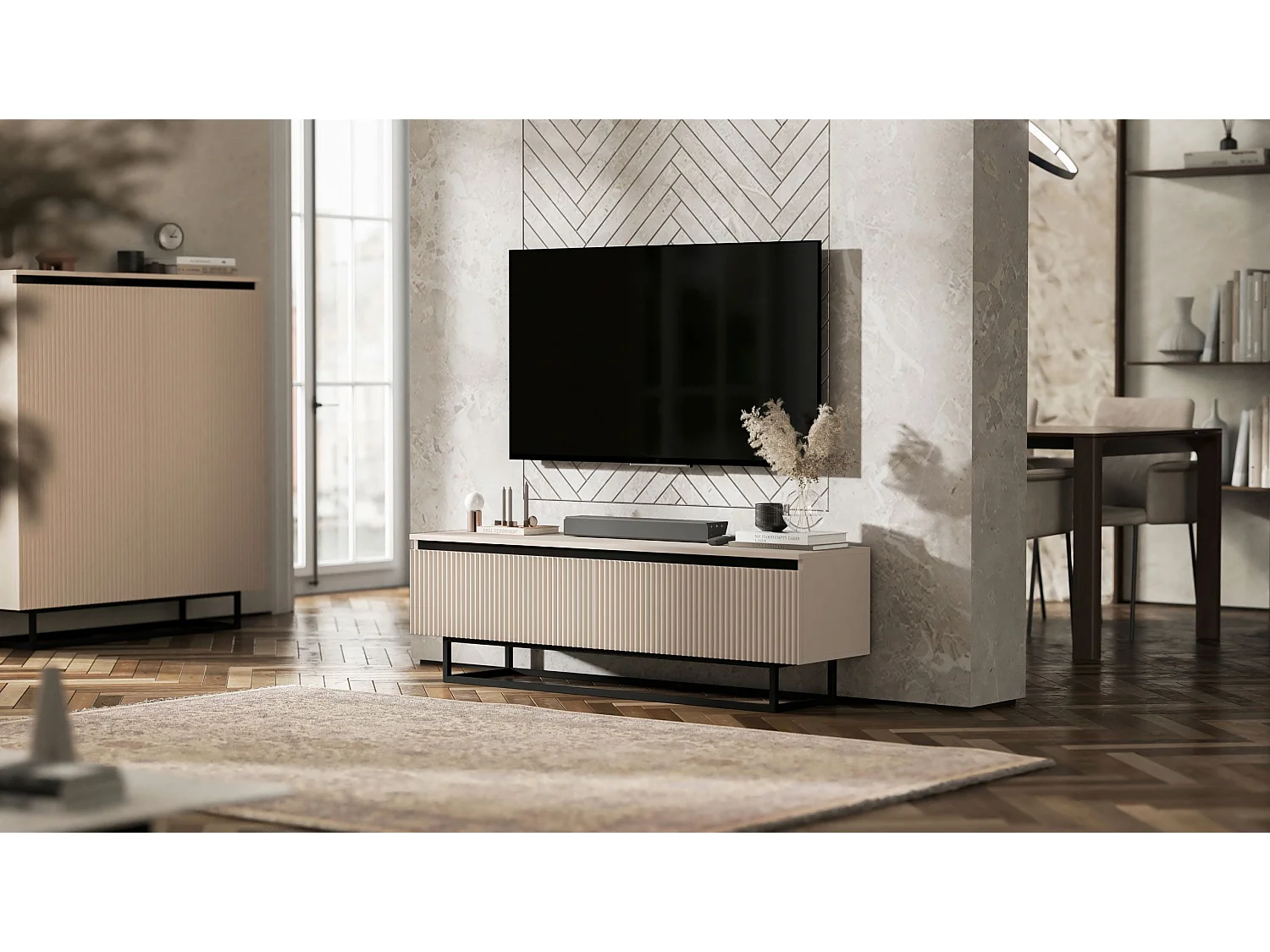 Meuble TV avec 2 portes - Corps Cachemire mat, façades rainurées Cachemire mat - 140 cm, Cadre en métal noir