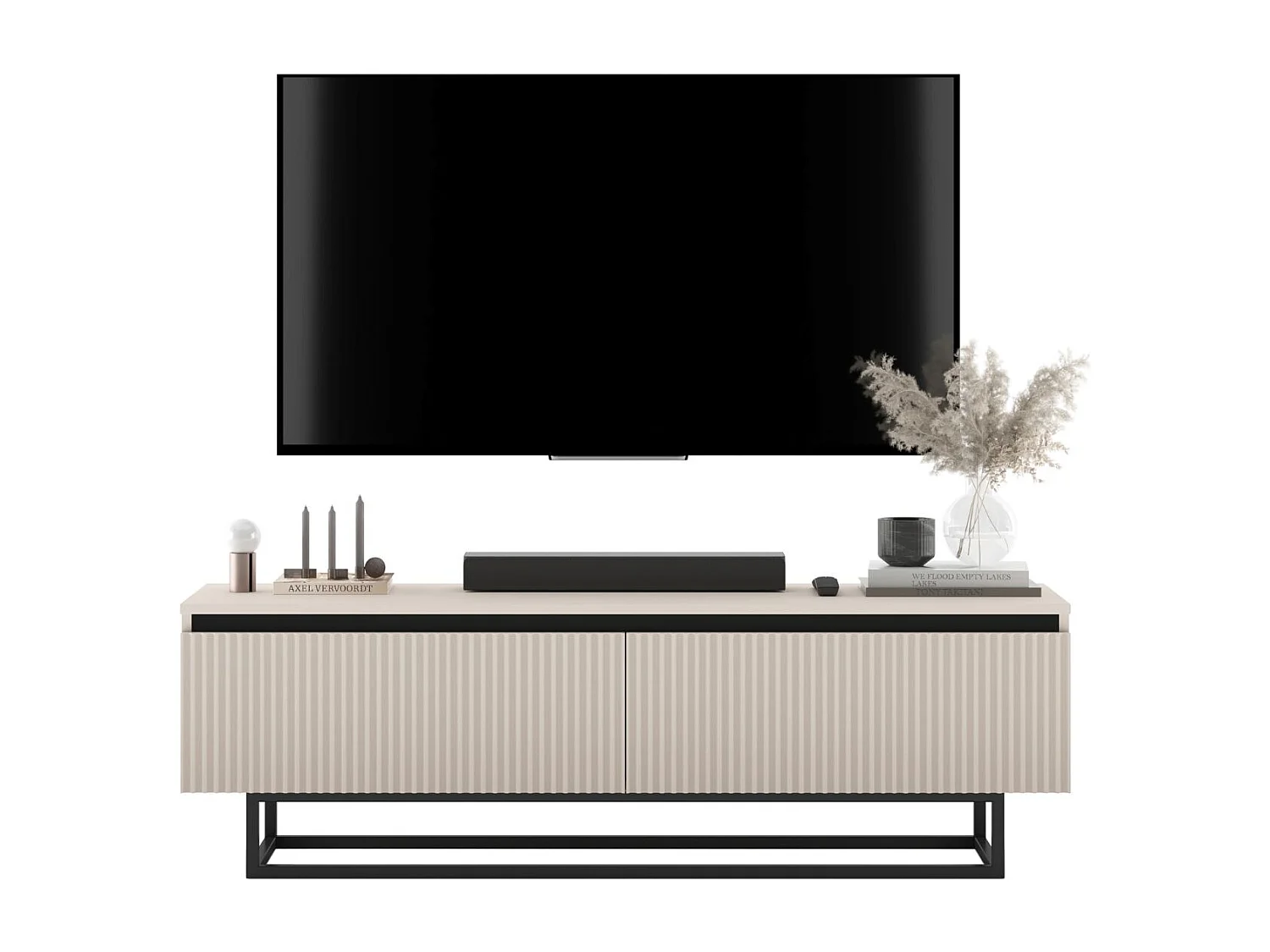 Meuble TV avec 2 portes - Corps Cachemire mat, façades rainurées Cachemire mat - 140 cm, Cadre en métal noir