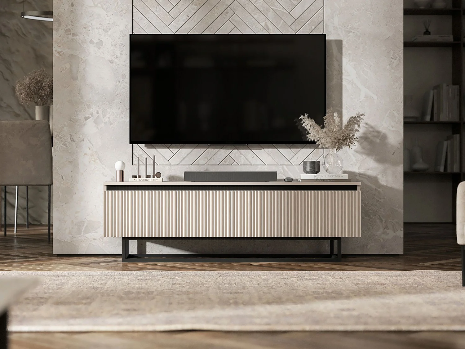 Meuble TV avec 2 portes - Corps Cachemire mat, façades rainurées Cachemire mat - 140 cm, Cadre en métal noir