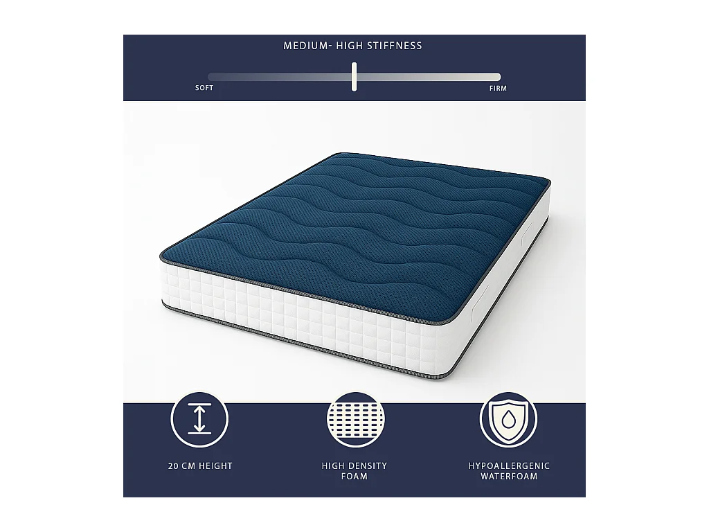 Materac pojedynczy 90x190 cm z pianki Waterfoam | Wysokość 20 cm | Klasa 1 | Średnio twardy | Antybakteryjny | Made in Italy