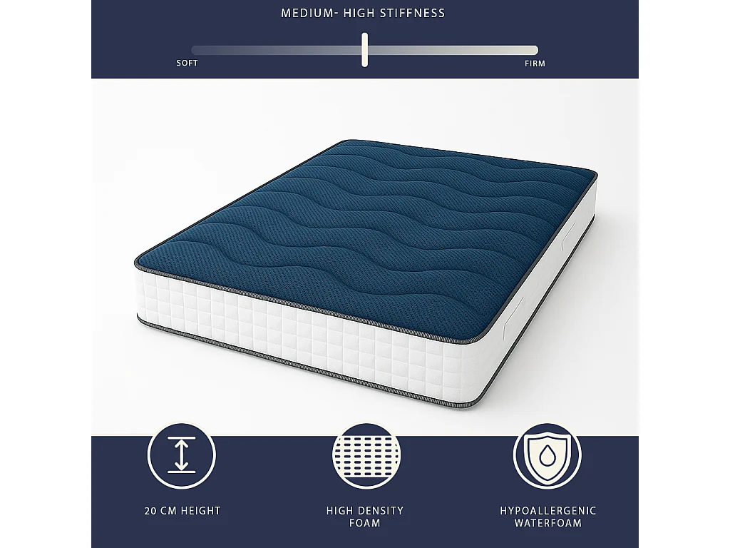 Matelas double 180x200 cm Waterfoam | Hauteur 20 cm | Classe 1 | Ferme Moyenne | Antibactérien | Fabriqué Italie
