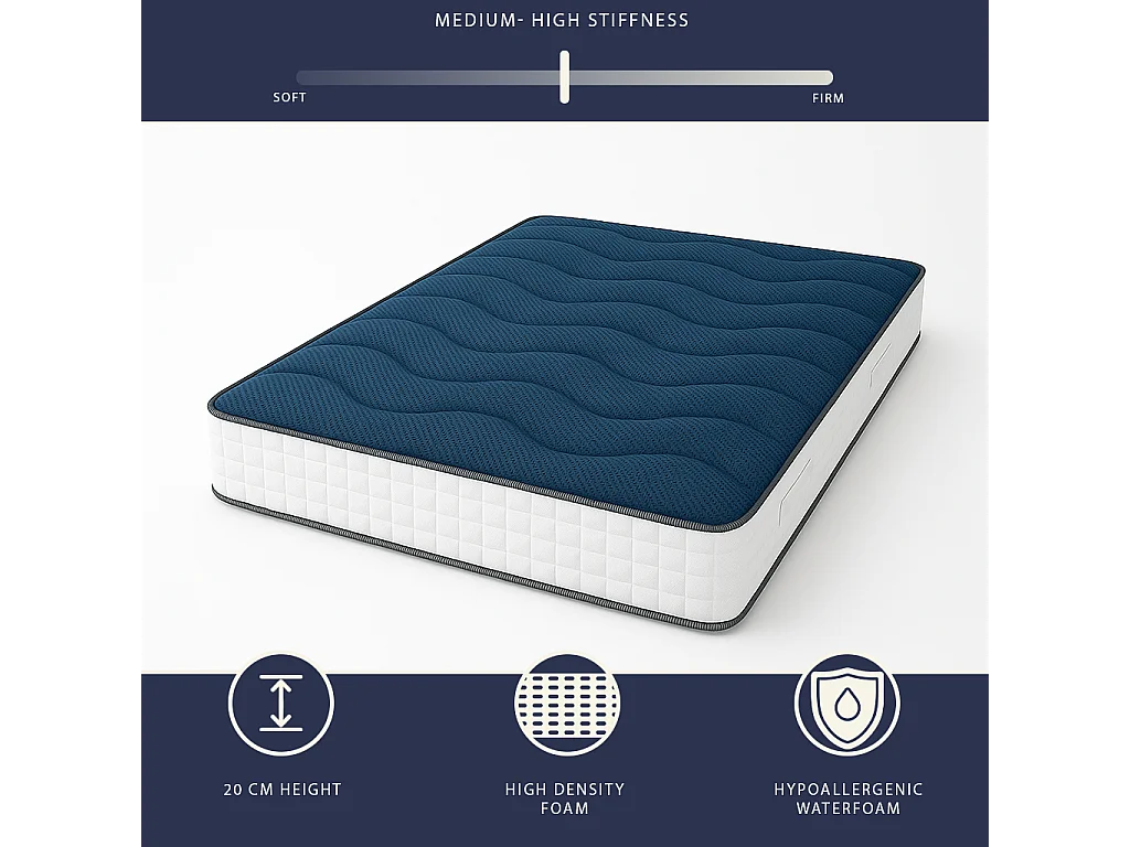 Materac pojedynczy 80x190 cm z pianki Waterfoam | Wysokość 20 cm | Klasa 1 | Średnio twardy | Antybakteryjny | Made in Italy