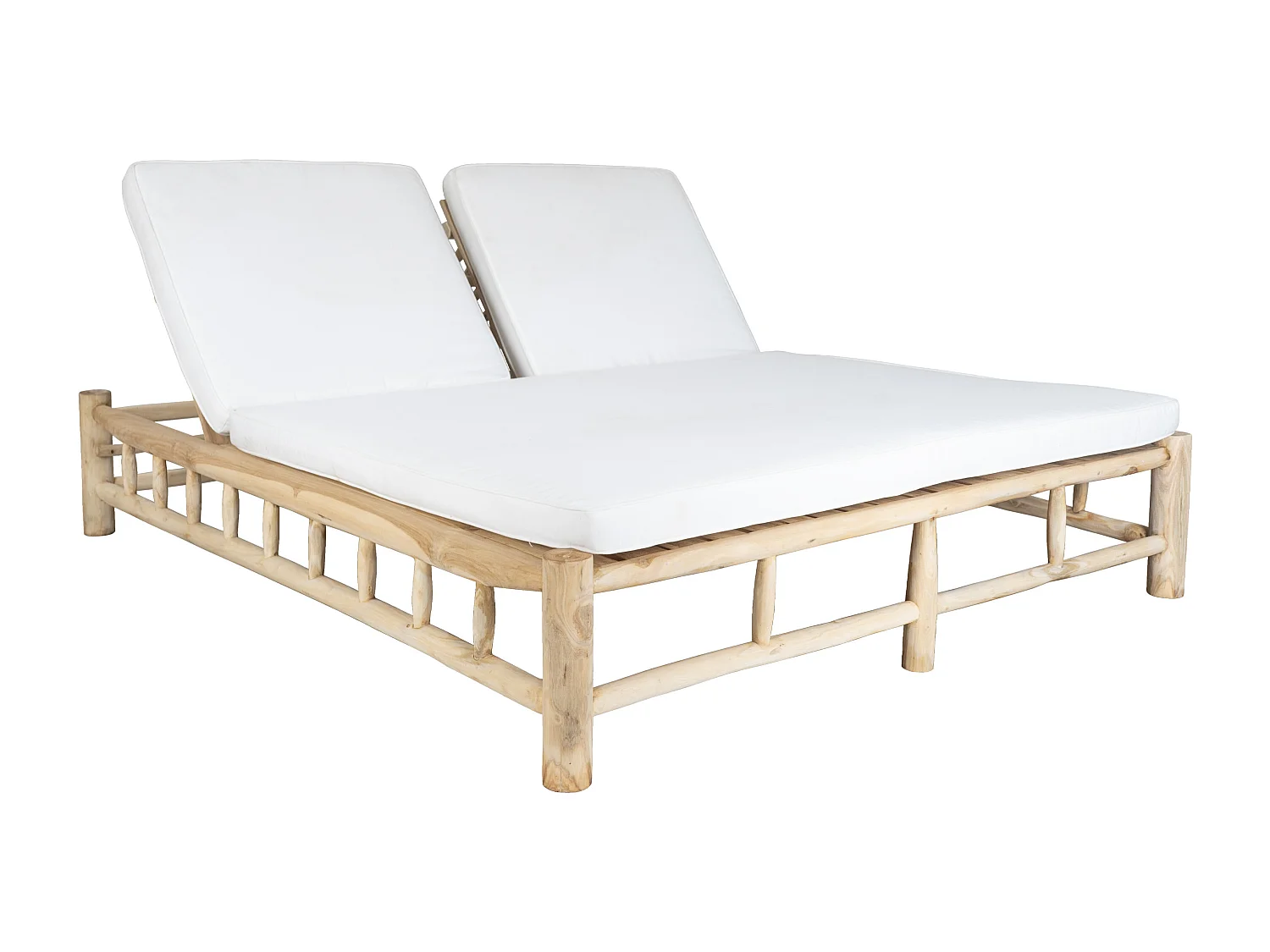 Espreguiçadeira dupla em teca com colchão - Natural claro e branco - TULUM de MYLIA