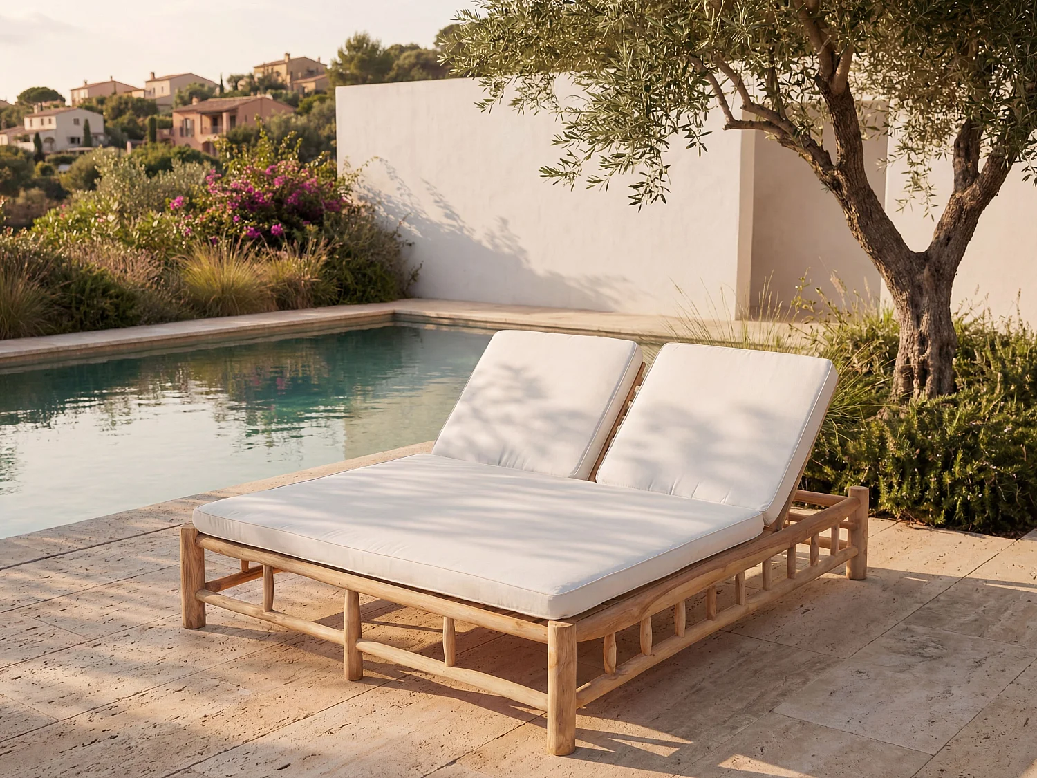 Bain de soleil 2 places en teck avec matelas - Naturel clair et blanc - TULUM de MYLIA