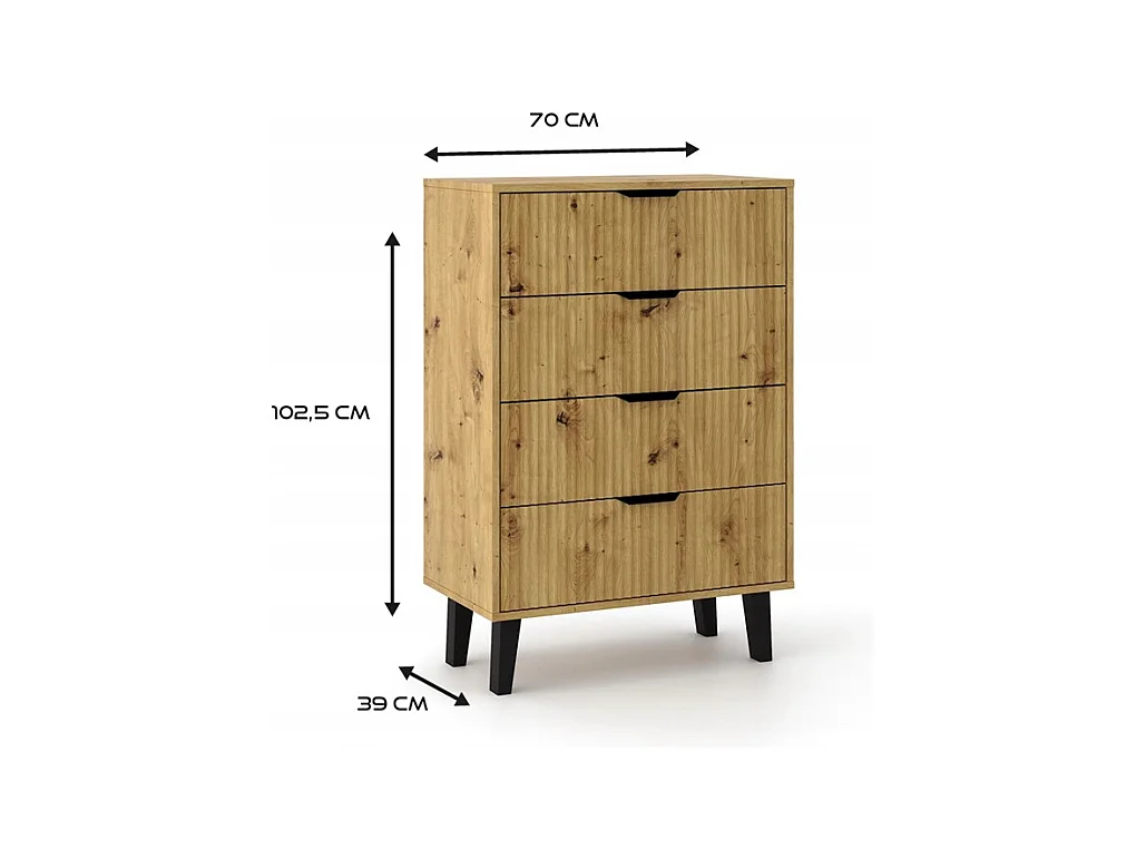 Komoda Scandi 4S Slim | Dąb Artisan | 70x39x102,5 cm |Ryflowane Fronty