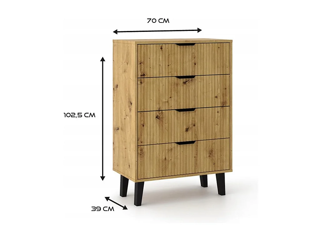 SONIA - Comò a 4 cassetti in stile scandinavo - 70x39x102,5 cm - Mobile contenitore - Rovere