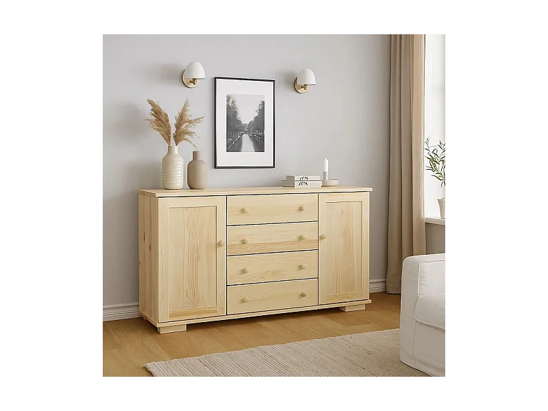 Komoda z drewna litego 137 cm Modern, 2 drzwi, 4 szuflady, sosnowa