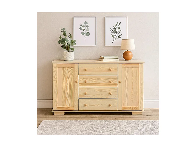 Komoda z drewna litego 137 cm Modern, 2 drzwi, 4 szuflady, sosnowa