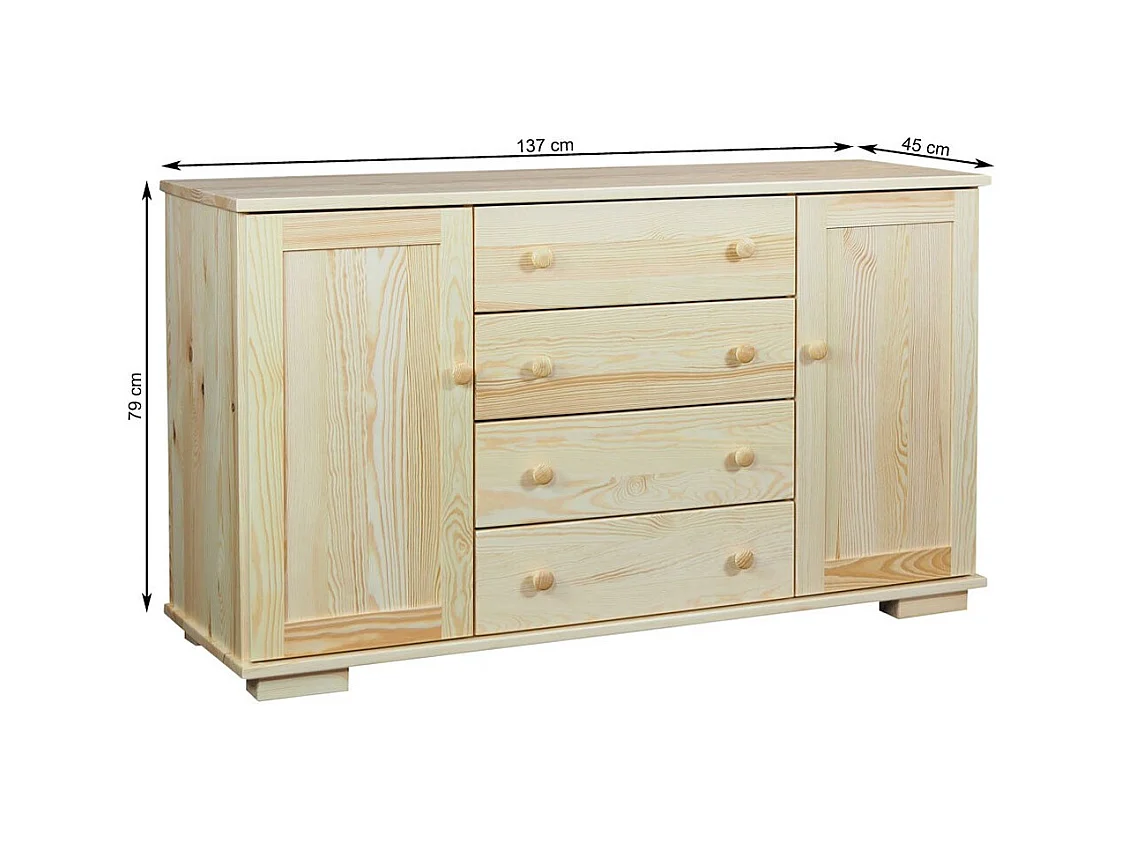 Komoda z drewna litego 137 cm Modern, 2 drzwi, 4 szuflady, sosnowa